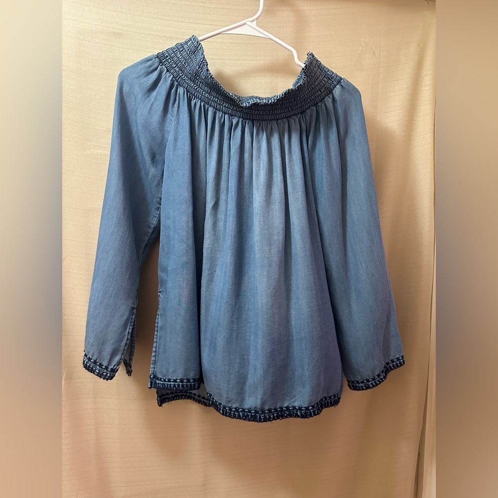 Dex Chambray Blue Smocked Neck Tencel Peasant Top | Small Off The Shoulder